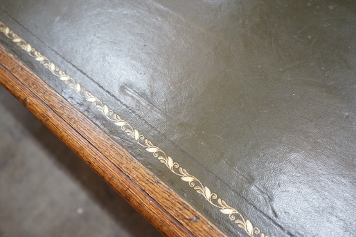 A Victorian light oak pedestal desk, fitted nine small drawers, width 120cm, depth 59cm, height 72cm